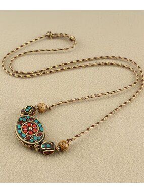 Handcrafted Nepalese Bead Pendant Adjustable Braided Two-Tone Cord Necklace